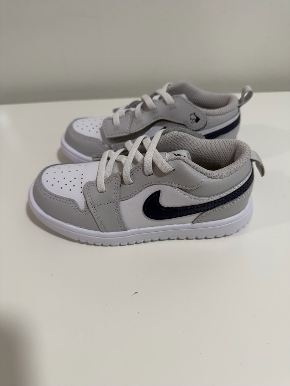 Jordan 1 low alt  Grey & White Athletic Sneakers with Navy Swoosh size 10c